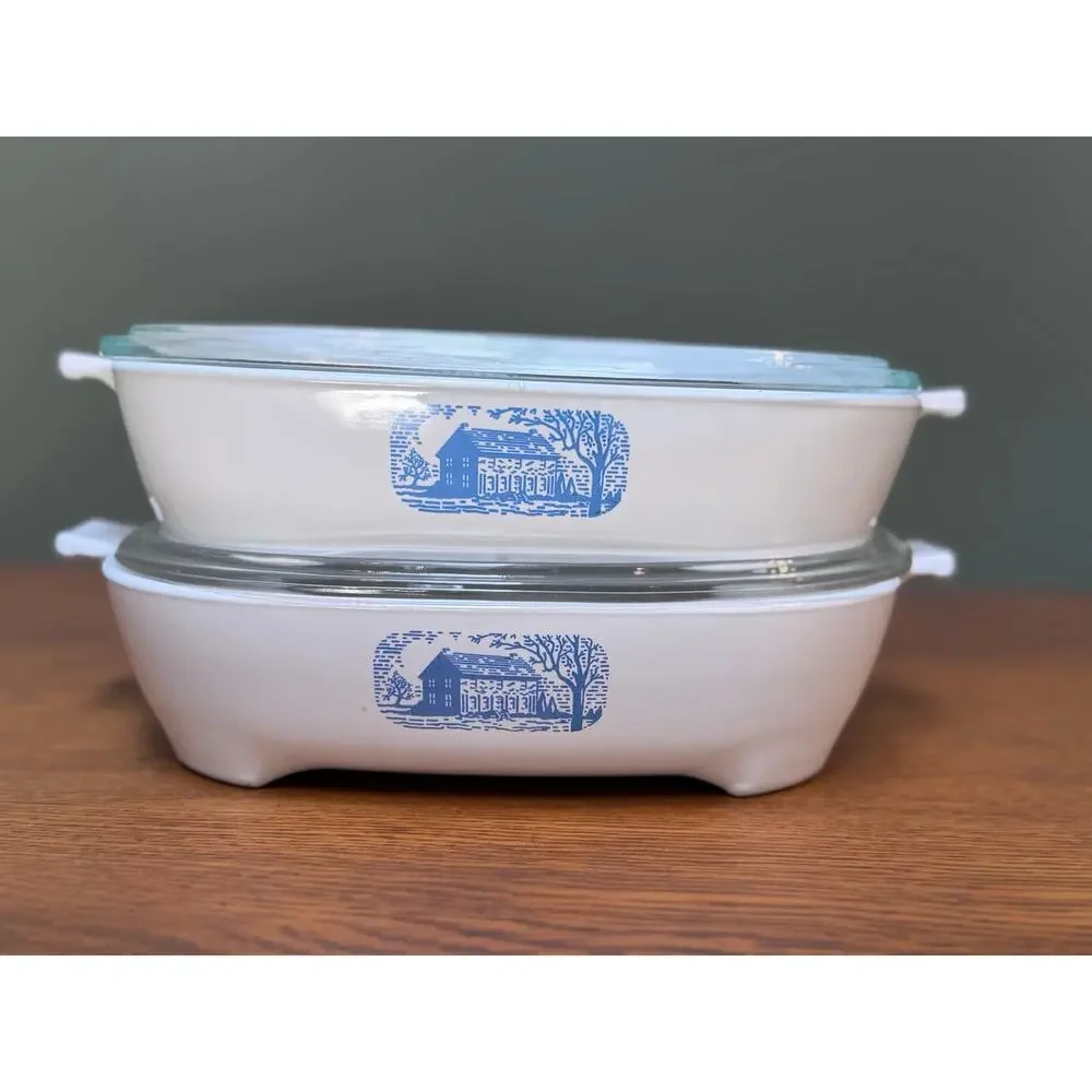 Set of 4 Vintage CorningWare Colonial House 11” Browning Skillets W/ Pyrex Lids